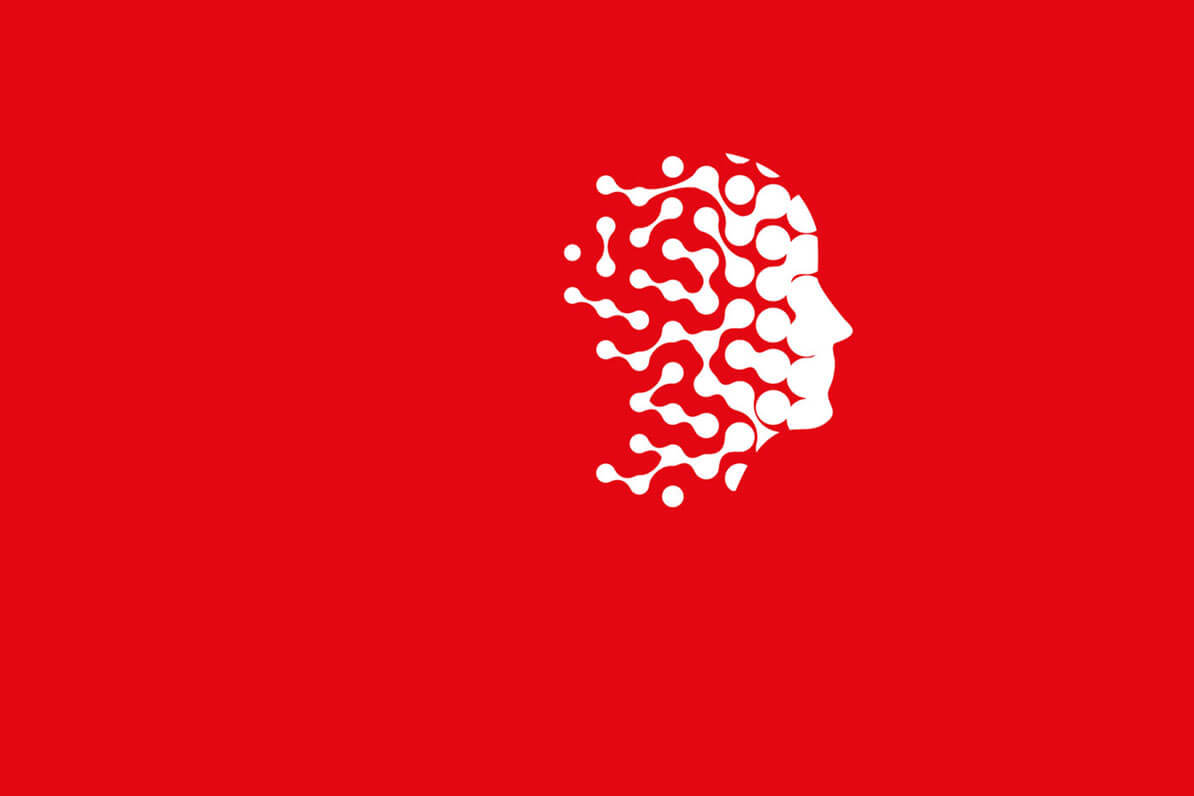 Weißer Kopf auf rotem Hintergrund - symbolisiert Digitalisierung