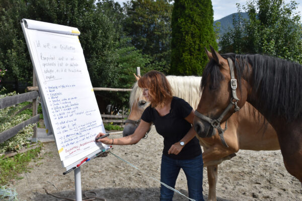 Barbara Schwarz mit ihren beiden Pferden an einem Flipchart